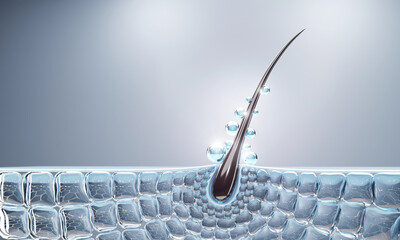 Hair 3D render of a glossy strand and keratin-rich follicle bathed in nutrients and moisture. Perfect for luxury haircare, premium shampoo ads, and cosmetic wellness visuals.