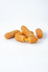 Fast food and beer snack: Cheese sticks fries on a white background. Cheddar and mozzarella cheese.