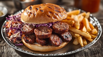 Burger bursting with smoked sausage and pepper jack cheese, served with a side of coleslaw and hand-cut fries on a rustic tin plate