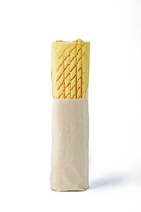 Fast food: shawarma in packaging with beef or pork. Roll with chicken on a white background copy space, stuffing in pita bread, fast food concept