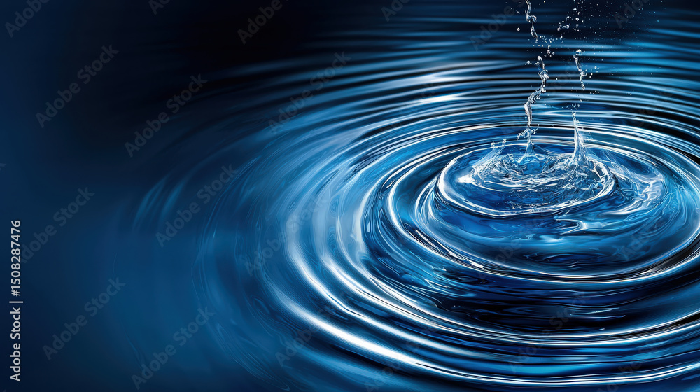 Poster droplet creates ripples on calm water surface, capturing essence of tranquility and motion. deep blu