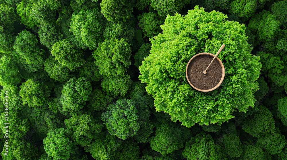 Poster aerial view of lush green forest with large spoon filled with soil placed on top of tree, symbolizin
