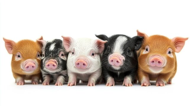Adorable Lineup of Four Mini Piglets Against White Background