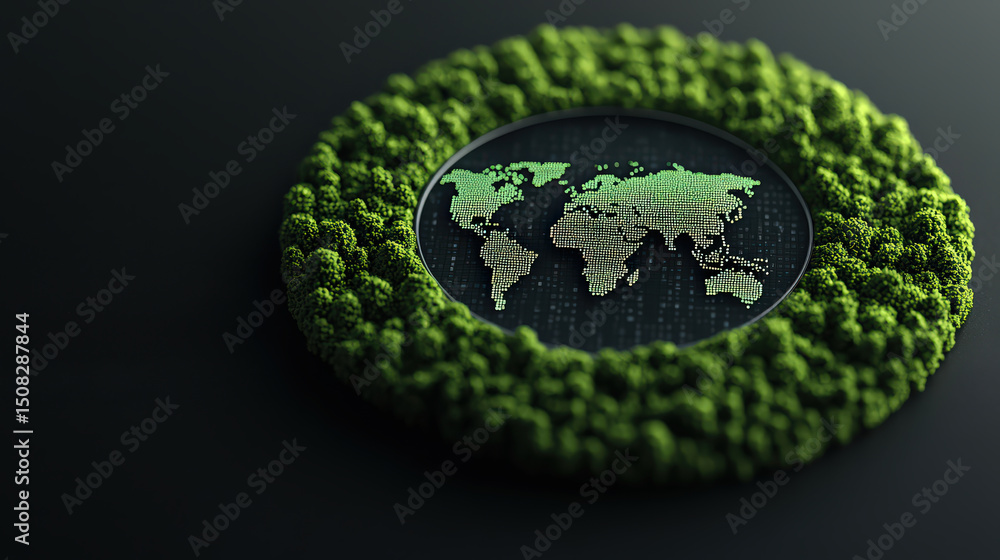 Poster Digital world map is displayed on circular screen surrounded by lush green foliage, symbolizing global environmental awareness and technology integration