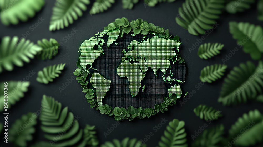 Poster Digital representation of world map is creatively formed with green leaves, symbolizing global environmental awareness and sustainability. dark background enhances vibrant green foliage