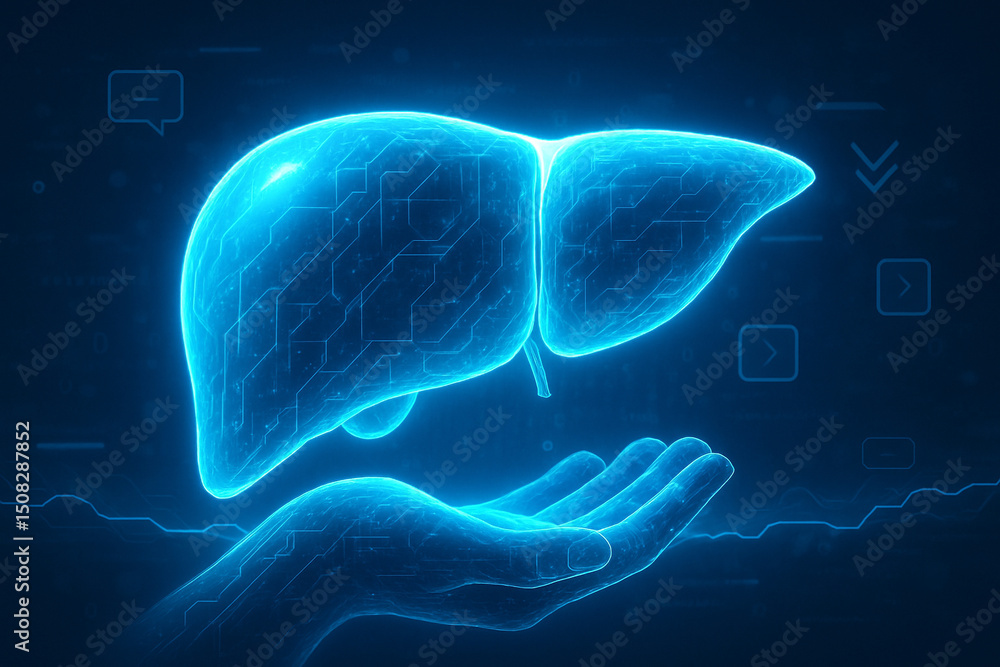 Poster ai generated image of a glowing human liver in a digital holographic style with ui icons and blue te