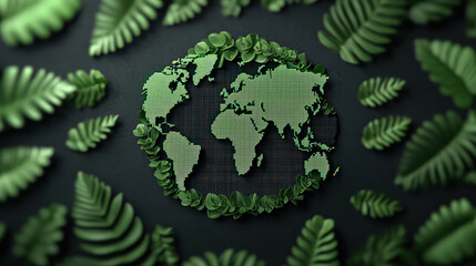 Digital representation of world map is creatively formed with green leaves, symbolizing global environmental awareness and sustainability. dark background enhances vibrant green foliage