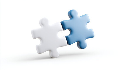 Obraz premium Two puzzle pieces fitting together, symbolizing connection or teamwork, with clean white