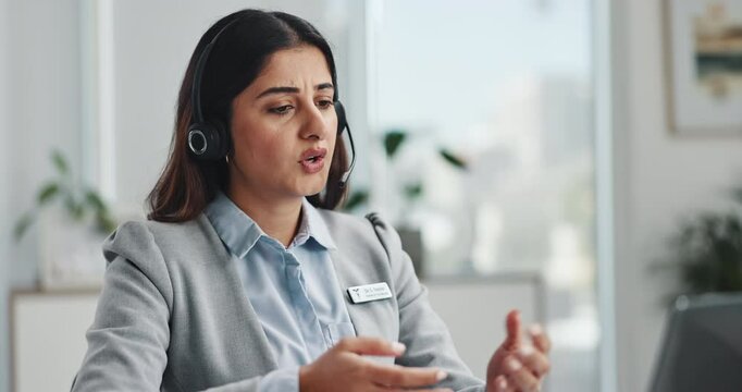 Headset, woman and secretary on laptop in office with contact us, appointment setting or schedule. Audio tech, crm and virtual assistant with online call for administrative support in workplace.