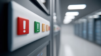 Close up of colorful warning icons server rack data center, with blurred background of room