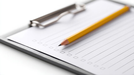 Blank checklist clipboard with yellow pencil ready for writing, ideal for task organization