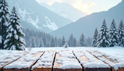 Winter wonderland backdrop: Snow-covered wooden planks against a mountain landscape