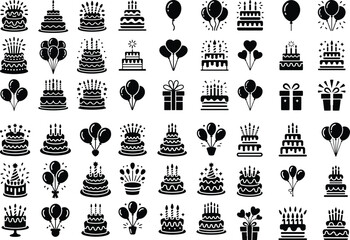 Birthday Cake & Balloons Silhouette Set – Celebration Vector Icons Happy Birthday Party Silhouettes – Cake and Balloon Graphic Bundle