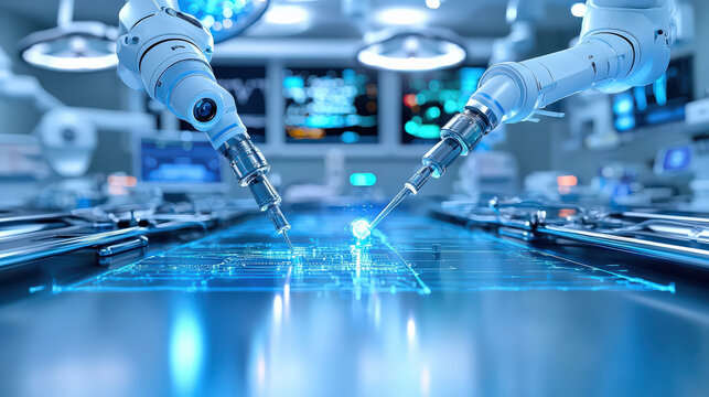Robotic arms perform precise surgery in futuristic operating room, showcasing advanced medical technology and innovation. environment is sterile and highly automated