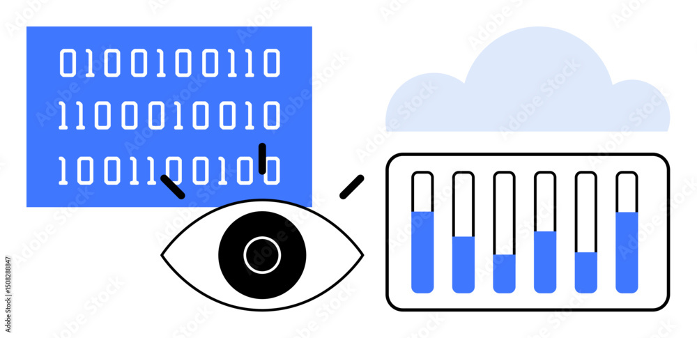Poster eye observing binary numbers, a bar chart, and a cloud icon emphasize data observation, analysis, an
