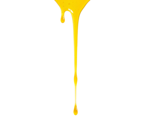 yellow paint dripping from top PNG. viscous yellow liquid pouring down top view flat lay isolated. Thick yellow liquid dripping downward from top view flat lay