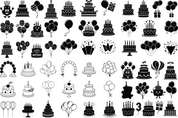 Birthday Cake & Balloons Silhouette Set – Celebration Vector Icons Happy Birthday Party Silhouettes – Cake and Balloon Graphic Bundl