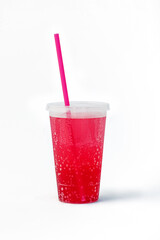 Fast food: non-alcoholic cherry, strawberry, raspberry cocktail in disposable plastic container on white background.