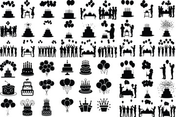 Birthday Cake & Balloons Silhouette Set – Celebration Vector Icons Happy Birthday Party Silhouettes – Cake and Balloon Graphic Bundle