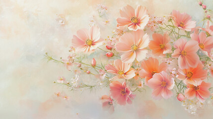 watercolor botanical Cosmos flowers texture template background.Elegant wedding invitation card background . Minimal hand painted Design for wedding or Valentine's Day