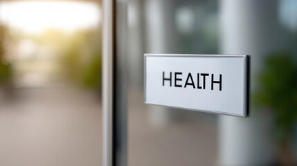 Health sign glass door medical facility with natural light and greenery outside. sign indicates
