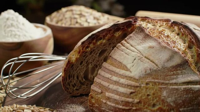 Cinematic close-up of rustic artisan bread with baking ingredients on wood, slow orbit and zoom, warm natural lighting