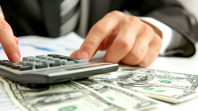 Close up businessman using calculator to calculate money, profit, tax, business plan and bank loan. Finance accounting concept