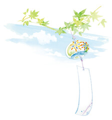 水彩手描きの風鈴No.10(日本の夏の風景)