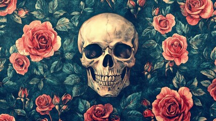 Human Skull and Roses - Dark Floral Vintage Pattern