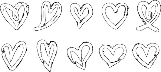 Black and white heart doodle set with outlined sketch , isolated , hand drawn love symbols for romantic and valentine