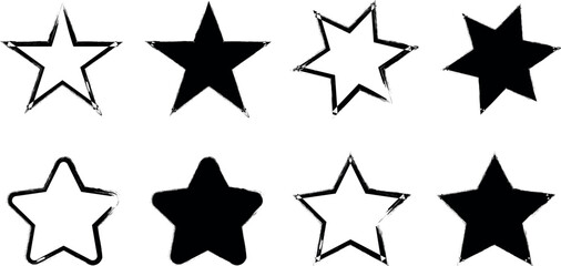 Black and white star set with filled and outlined five-pointed shapes, simple geometric star icons  and decoration