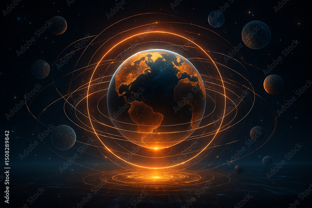 Poster ai generated a glowing earth surrounded by luminous orbiting rings and floating digital planets in d
