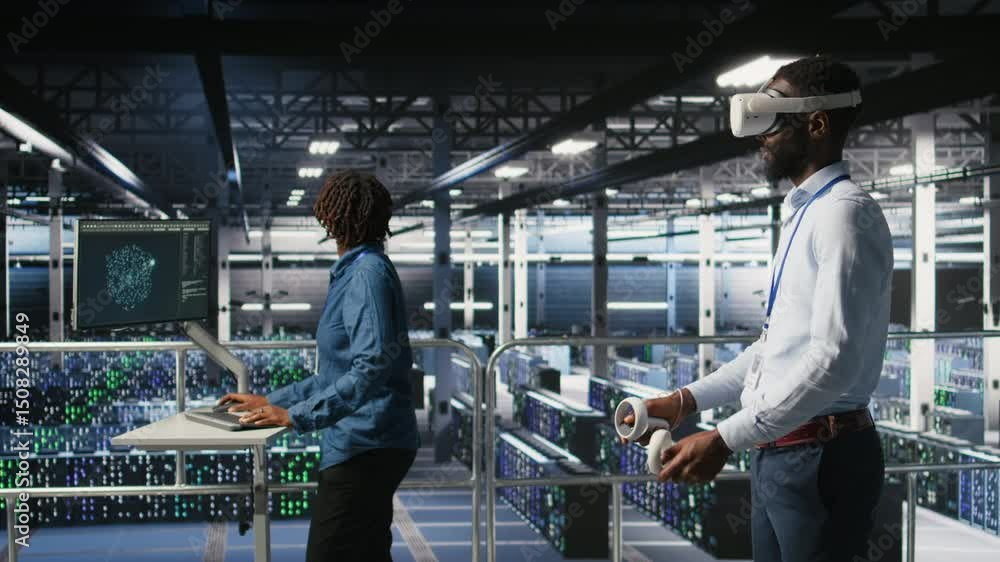 Poster data center programmers on industrial platform using virtual reality tech, collaborating on tasks. s