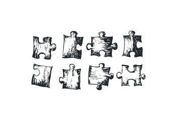 Vintage style jigsaw puzzle pieces illustration on white. Vector retro hand drawn illustration