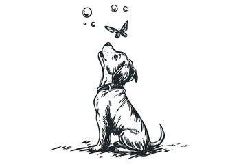Sketch of a curious dog observing bubbles and butterfly. Vector retro hand drawn illustration