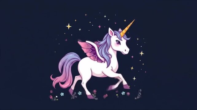 Colorful unicorn with wings trotting in a starry night sky  