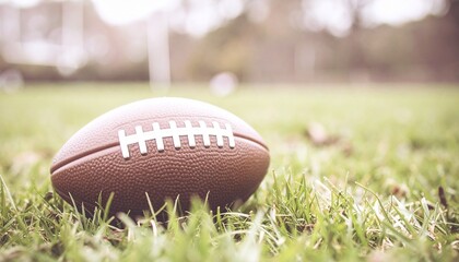 芝生のグラウンドに置かれたラグビーボール