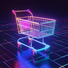 Neon shopping cart on a gridded floor.