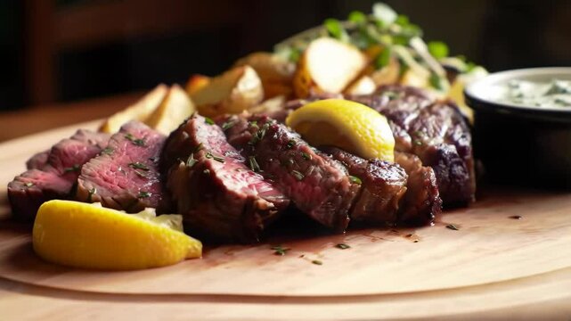 Cinematic close-up of sliced steak with lemon, roasted potatoes, and herb sauce on wood, slow orbit and zoom, rustic gourmet mood