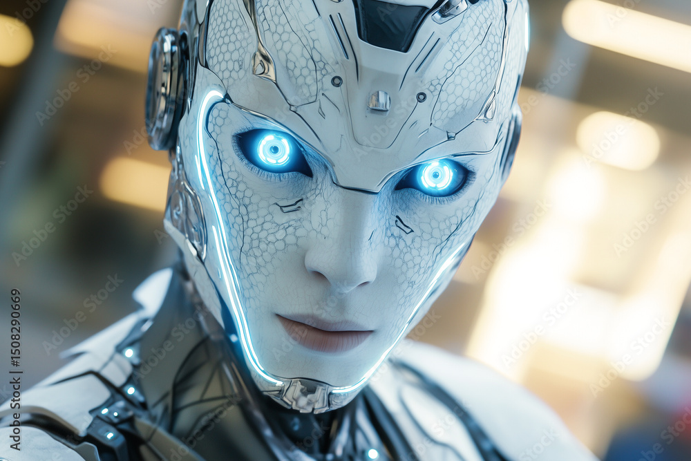 Poster intense close-up of a female android with glowing blue eyes and intricate cybernetic circuitry, repr