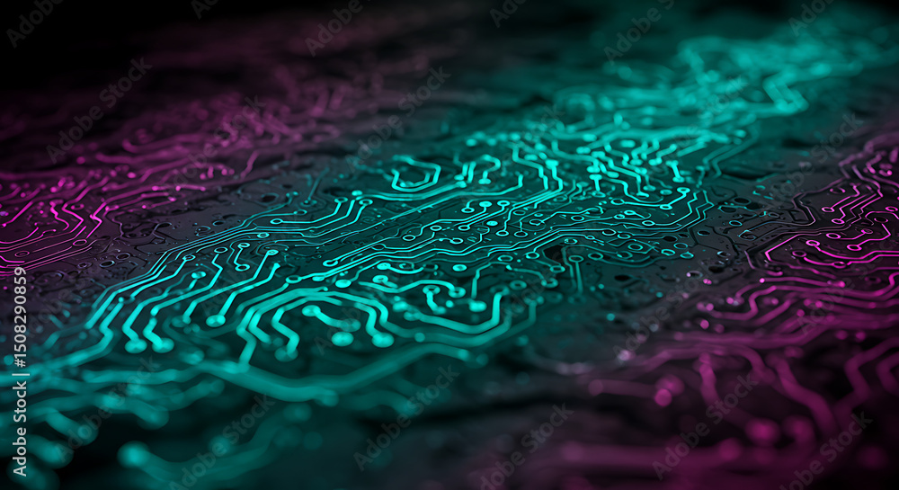 Poster abstract close up of circuit board with teal and magenta lighting technology background