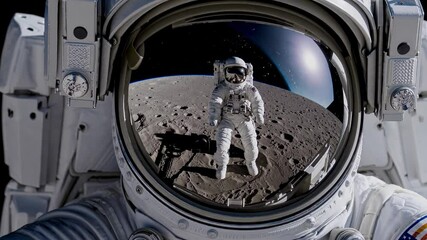 Professional astronaut traversing lunar landscape, helmet visor reflecting stark cosmic environment during groundbreaking scientific exploration mission