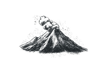 Erupting volcano with smoke and ash depicted in detailed engraving art. Vector retro hand drawn illustration
