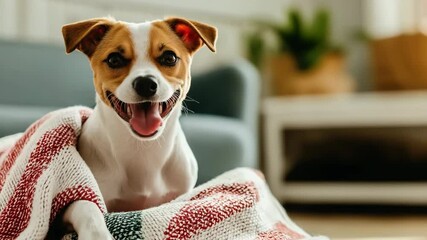 Happy jack russell terrier relaxing under a cozy blanket in living room