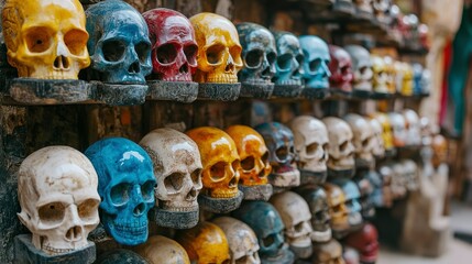 Fototapeta premium Colorful Hand-Carved Skull Souvenirs on Display at a Market Stall