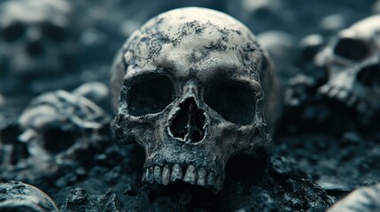 Pile of Human Skulls in Dark Setting - Macabre Still Life
