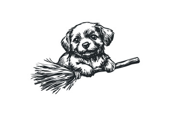Adorable puppy riding a broomstick: cute black and white sketch art. Vector retro hand drawn illustration
