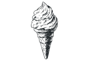 Vintage hand-drawn ice cream cone sketch with swirls and waffle texture. Vector retro hand drawn illustration