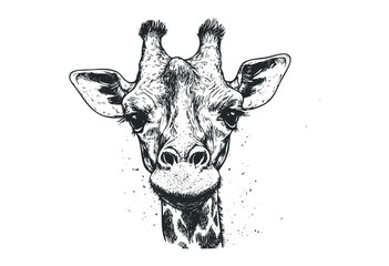 Giraffe sketch in black ink: detailed animal portrait drawing art. Vector retro hand drawn illustration