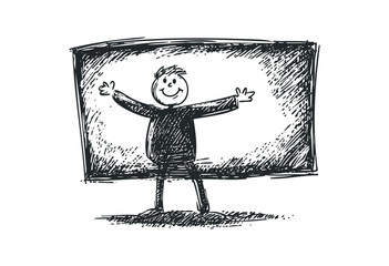 Happy stick figure drawing with arms raised in front of board. Vector retro hand drawn illustration